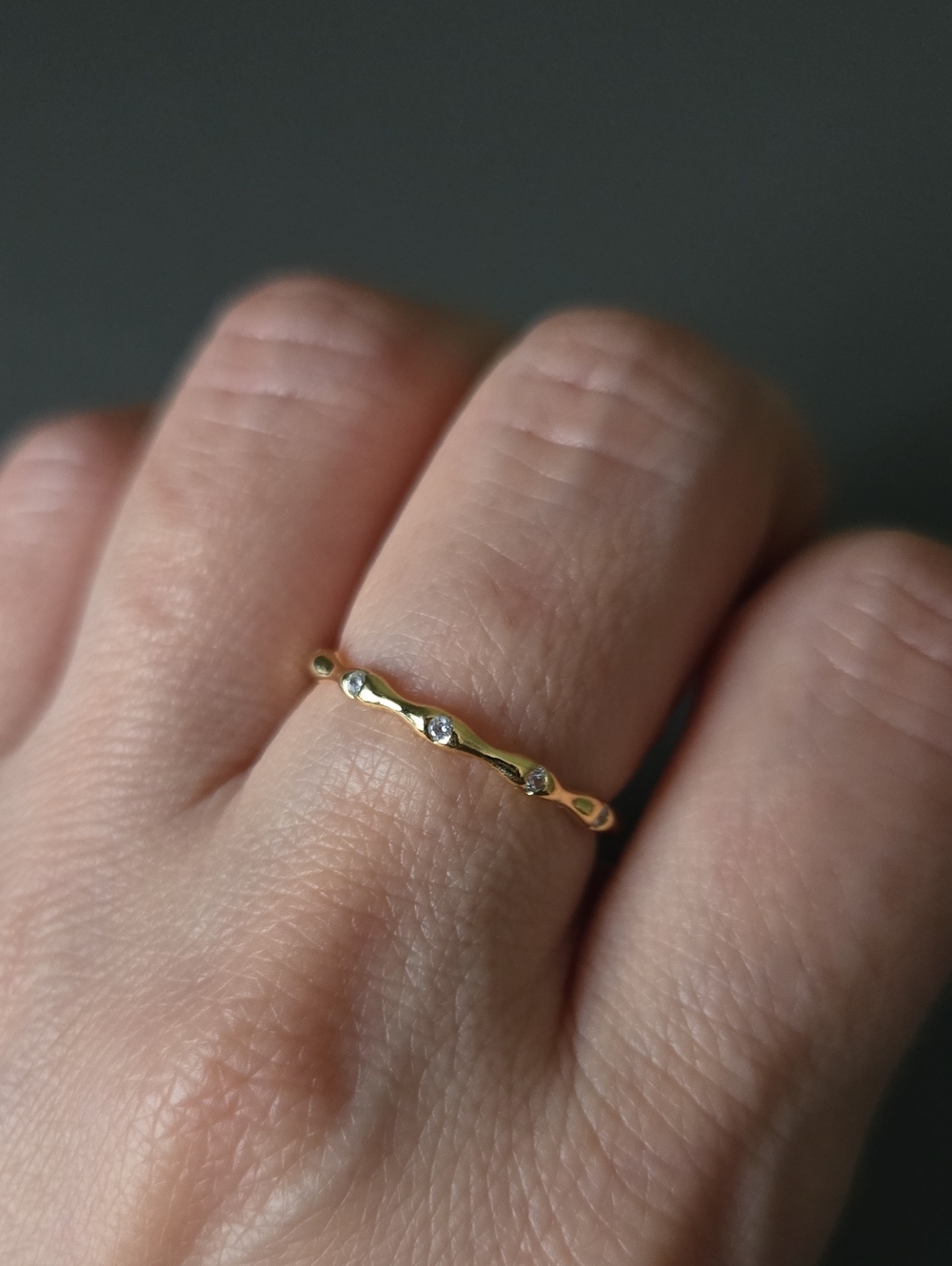Delicate Gold Dot Band Ring with Clear Stones 14k Gold Plated Over 925 Sterling